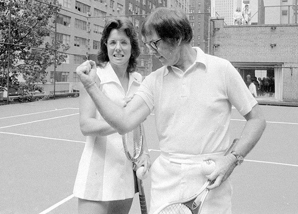 Billie Jean King and Bobby Riggs mug for the camera