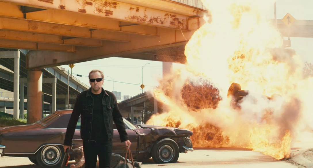Obligatory slo-mo explosion shot with an unconcerned Nicolas Cage in Drive Angry