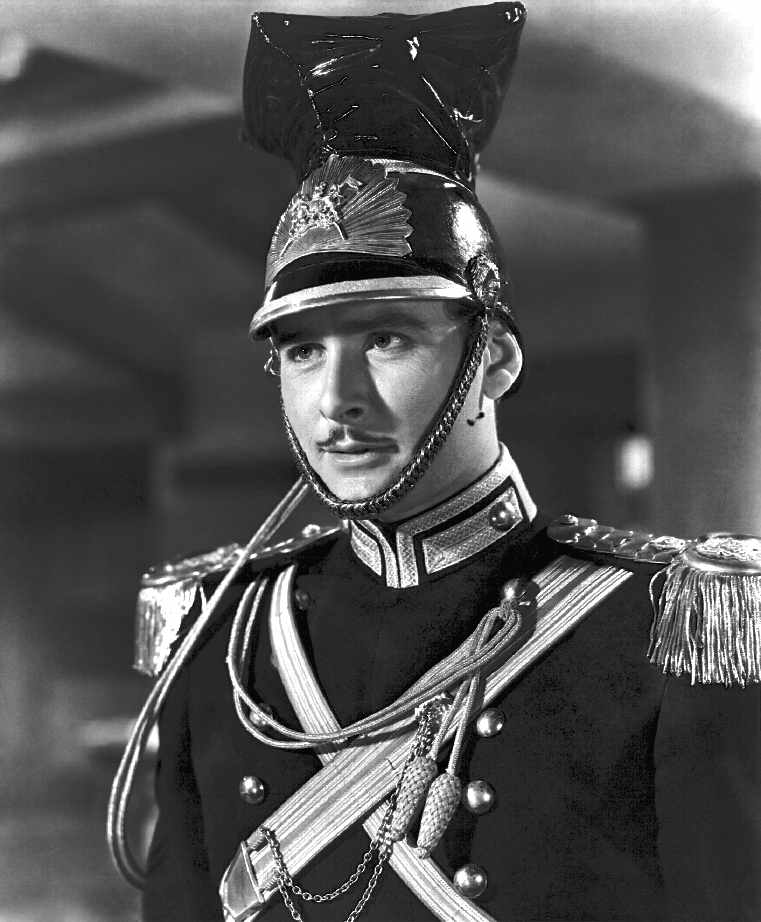 Errol Flynn in lancer's helmet in The Charge of the Light Brigade
