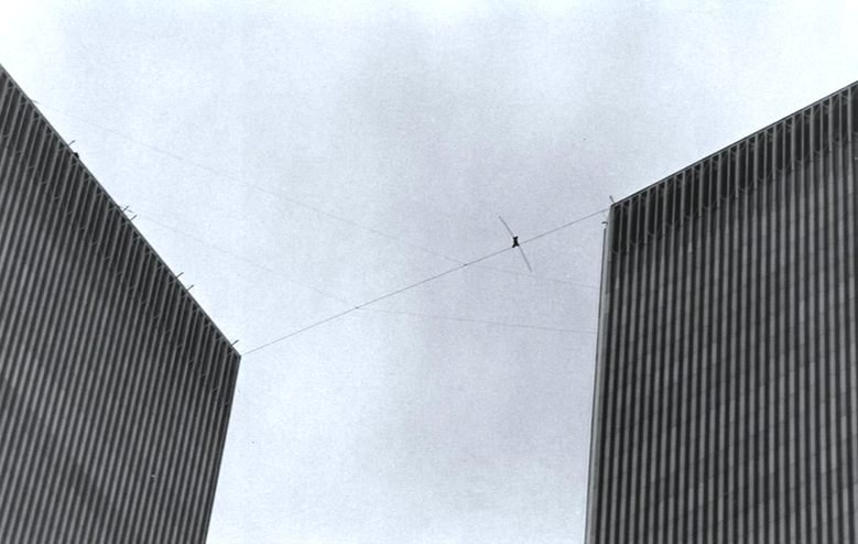 Philippe Petit 417 metres up between the towers of the World Trade Center