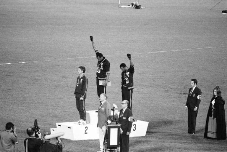 Peter Norman, Tommie Smith and John Carlos on the podium, Mexico 1968