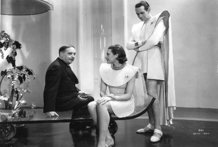 HG Wells on set in Things to Come, with Margaretta Scott and Raymond Massey