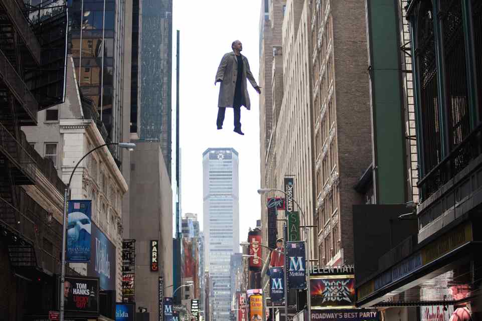 Michael Keaton in the air in Birdman