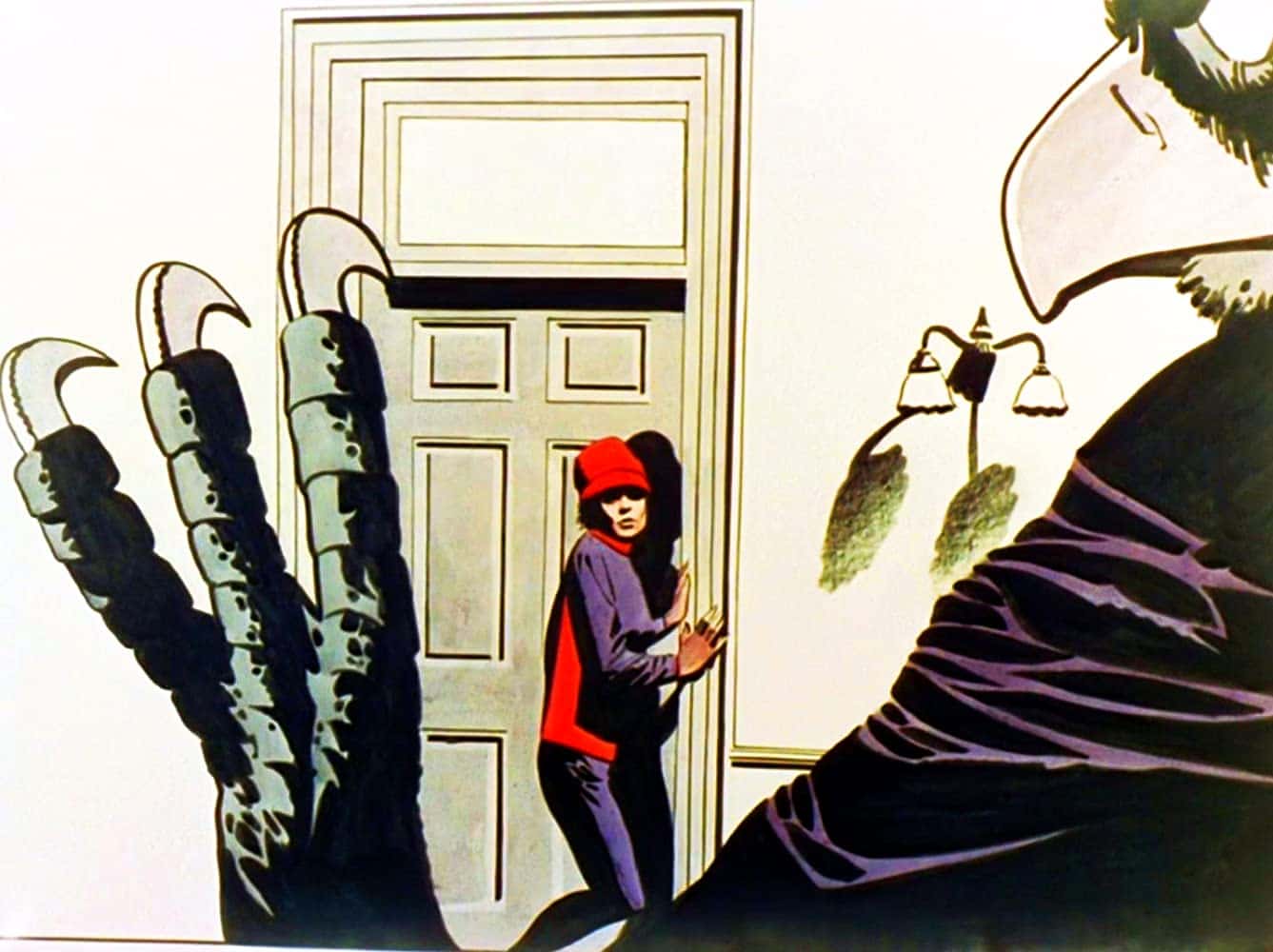 Emma Peel in cartoon form being menaged by a giant bird