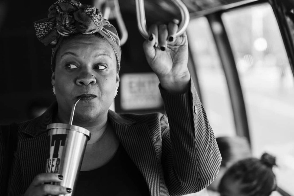 Radha Blank on a bus