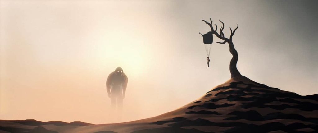 The creature lurks while the boy hangs from a parachute cord