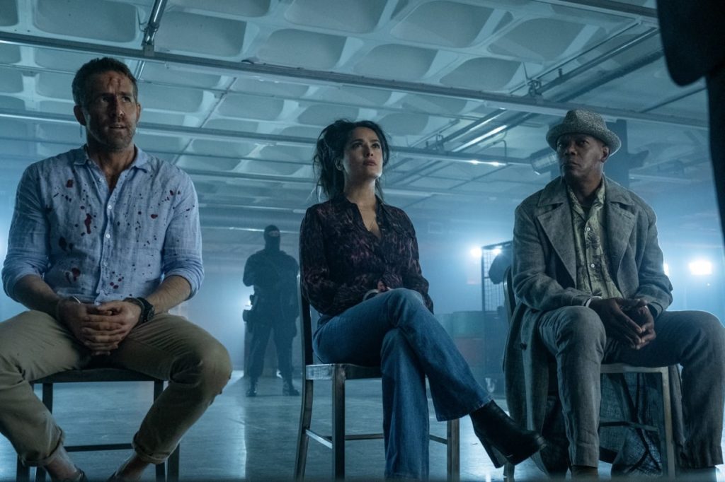 Ryan Reynolds, Salma Hayek and Samuel L Jackson