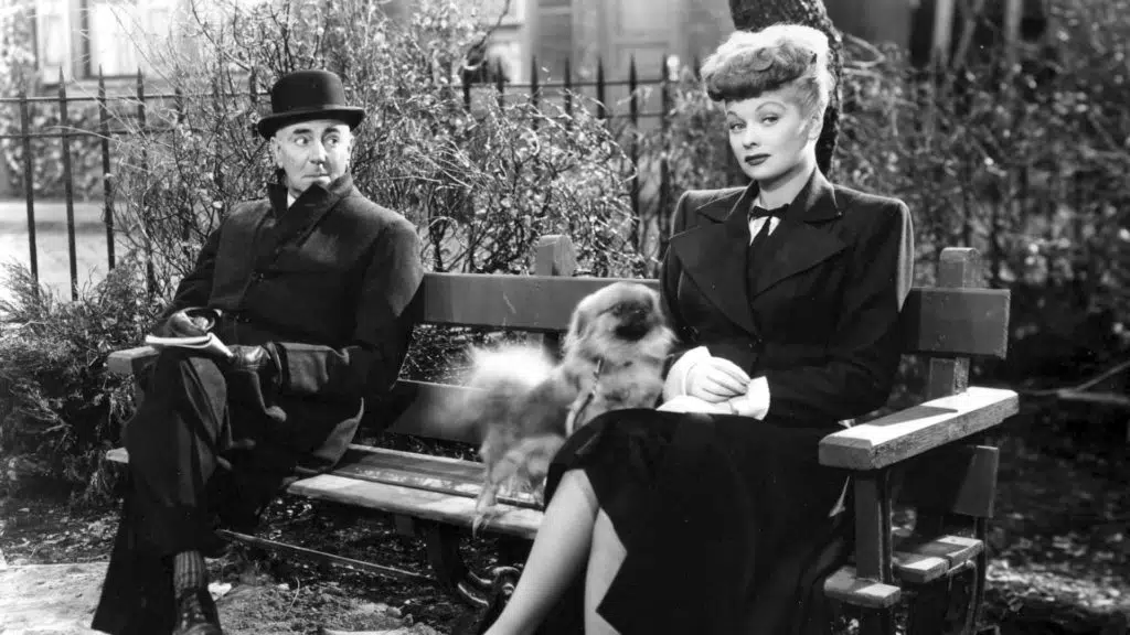 George Zucco and Lucille Ball on a park bench