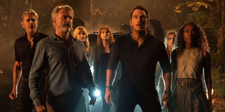 Group shot of the cast of Jurassic World Dominion