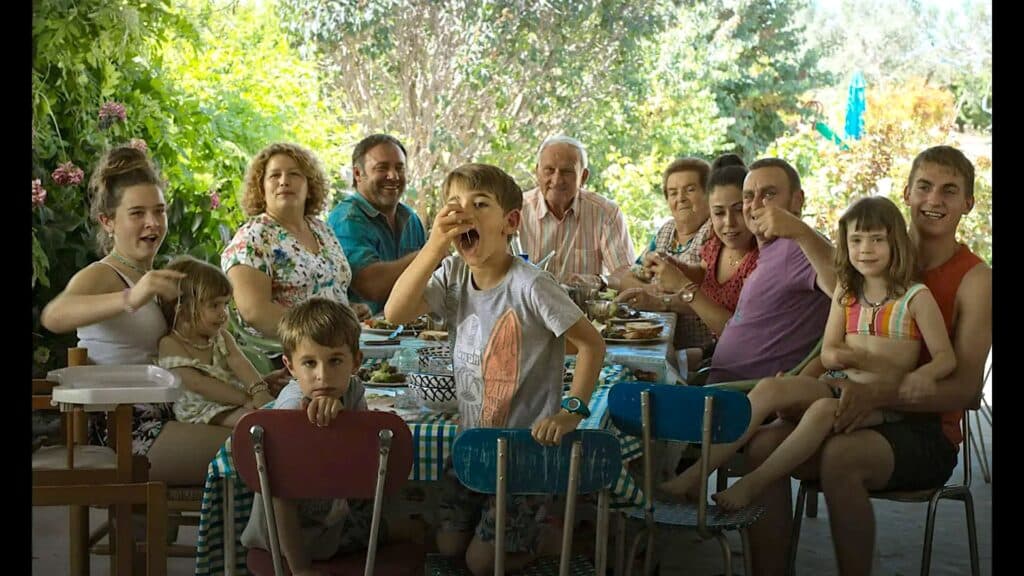 The family eats a meal together