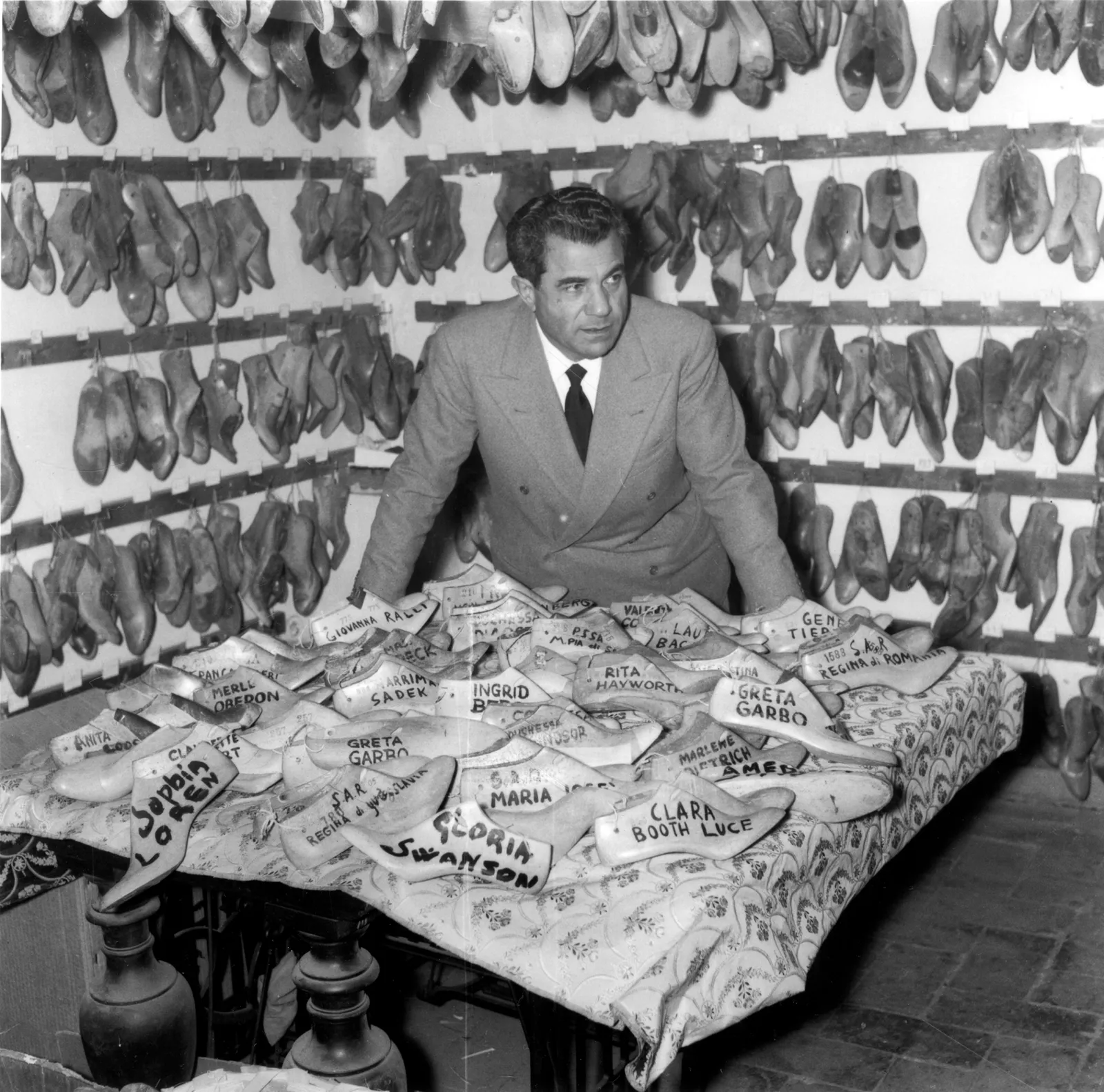 Salvatore Ferragamo and wooden shoe moulds of the famous