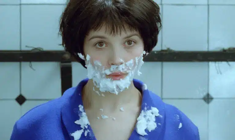 Juliette Binoche covered in shaving cream