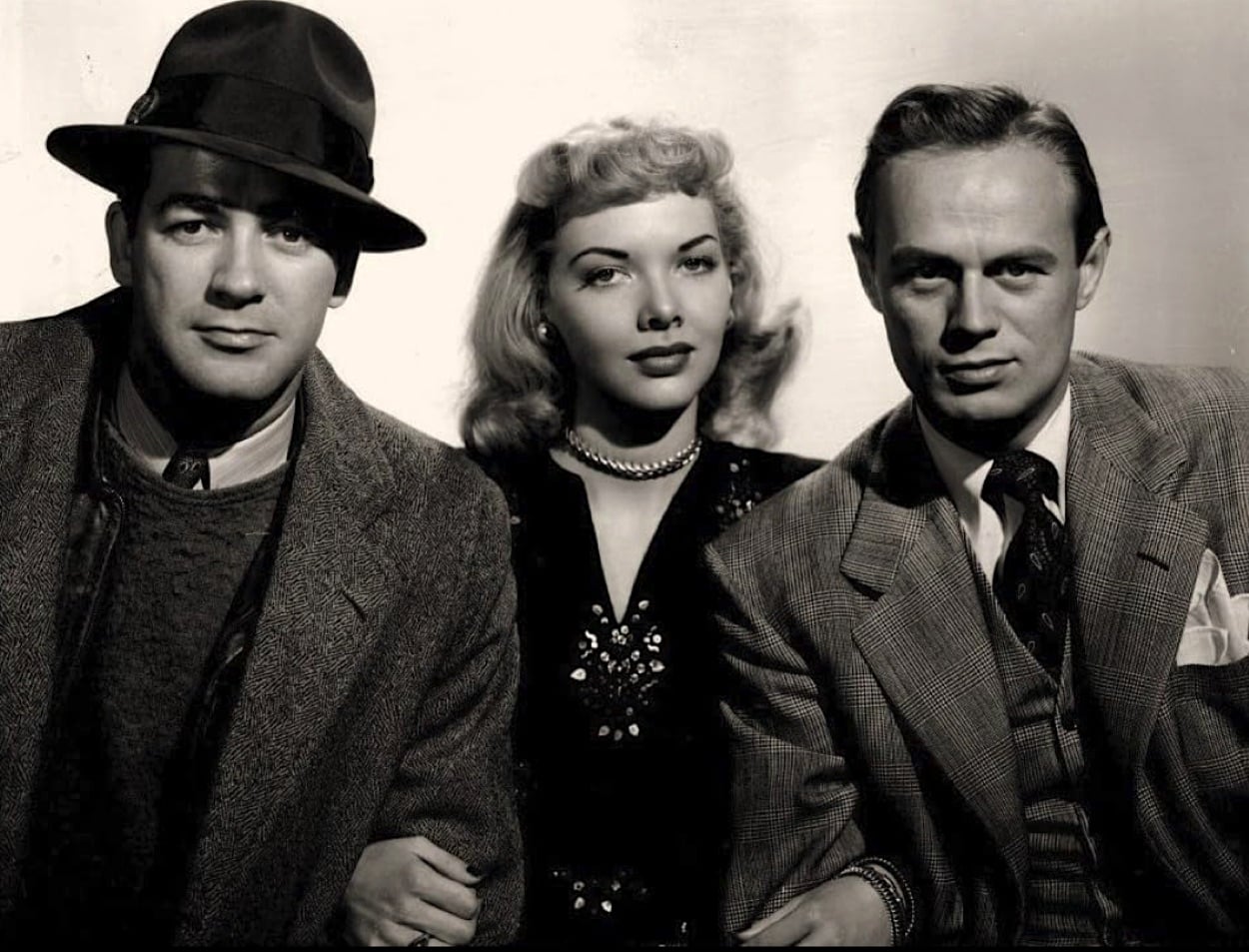 Mark Stevens, Barbara Lawrence and Richard Widmark pose for a publicity shot