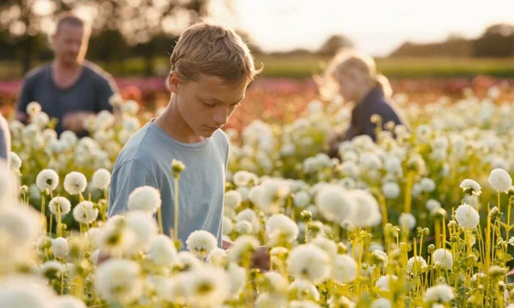 Leon stands in a field of flowers