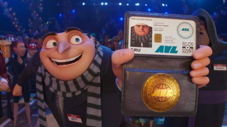 Gru presents his ID for the Anti-Villain League