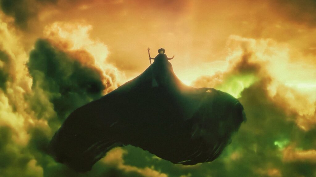 Elphaba soars into the clouds in her big musical number
