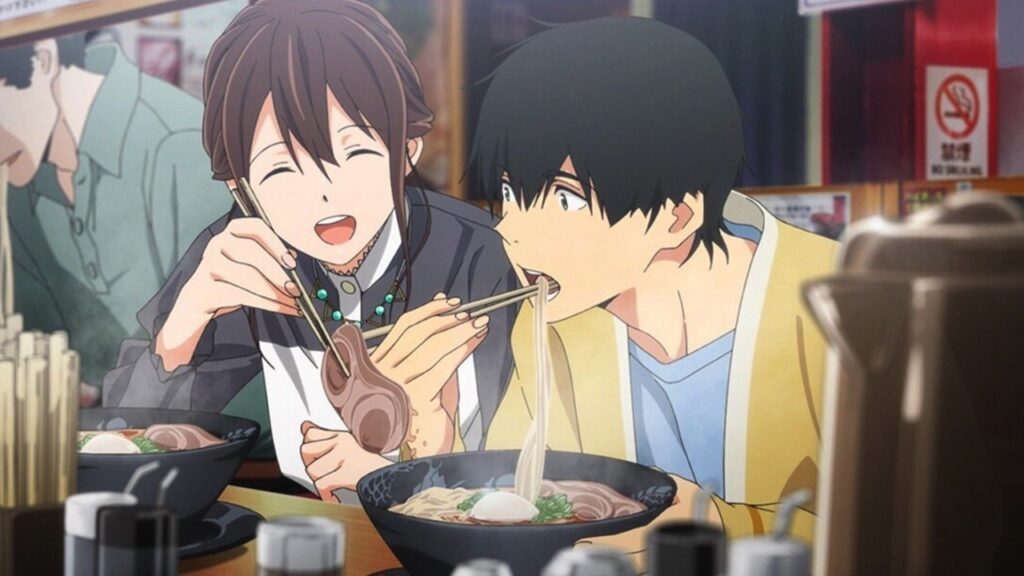 Sakura and Haruki eating noodles