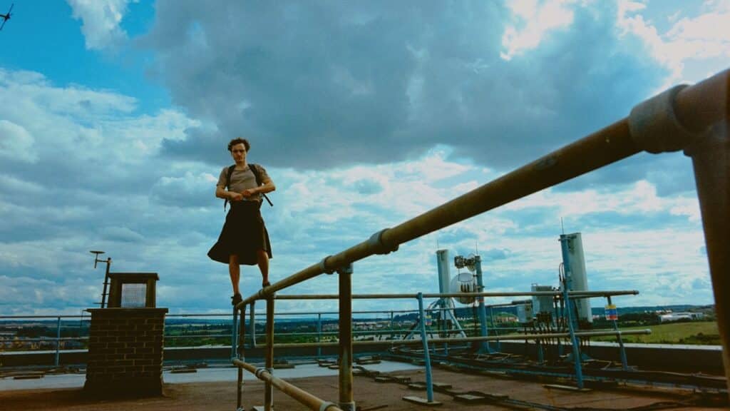 Bird in a skirt on a rooftop