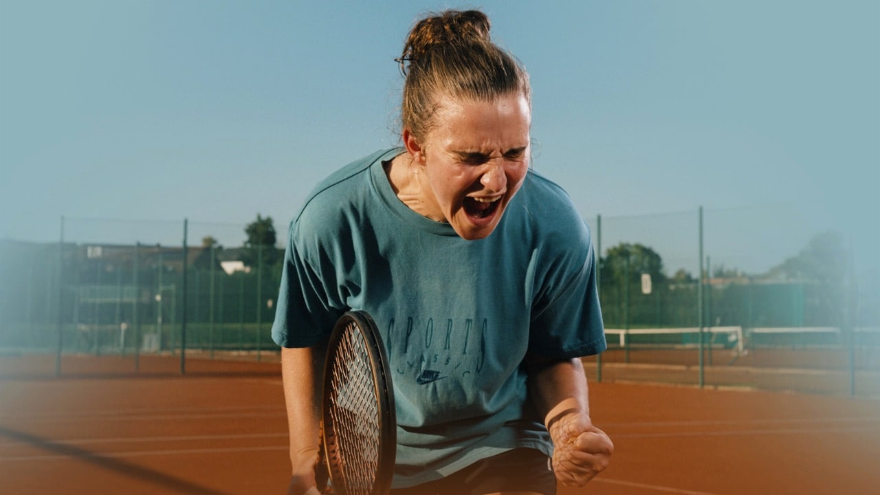 Julie shouts at herself on the tennis court