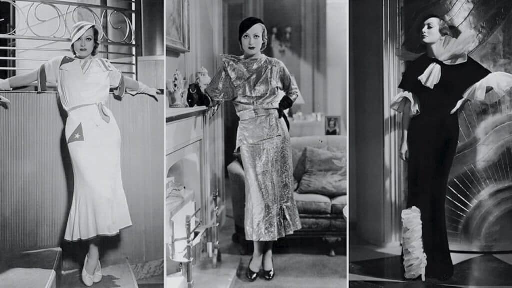 Three images of Joan Crawford in different Adrian gowns
