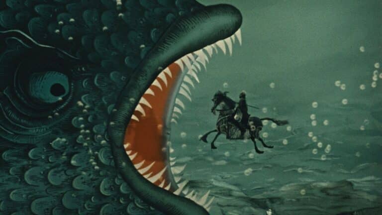 The Baron on horseback rides into a sea creature's mouth