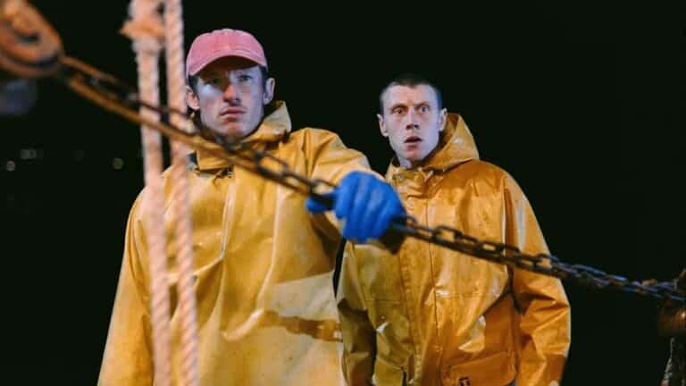 Liam and Nick in yellow oilskins