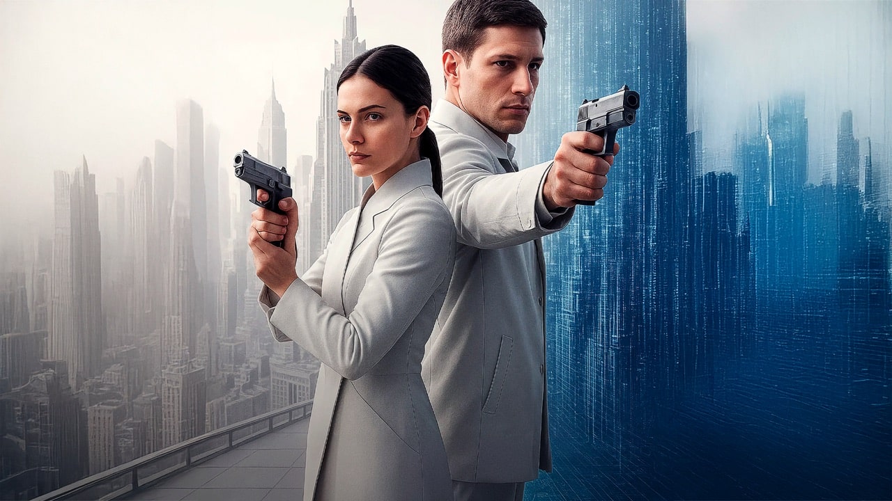 Vika and Mikhail with guns